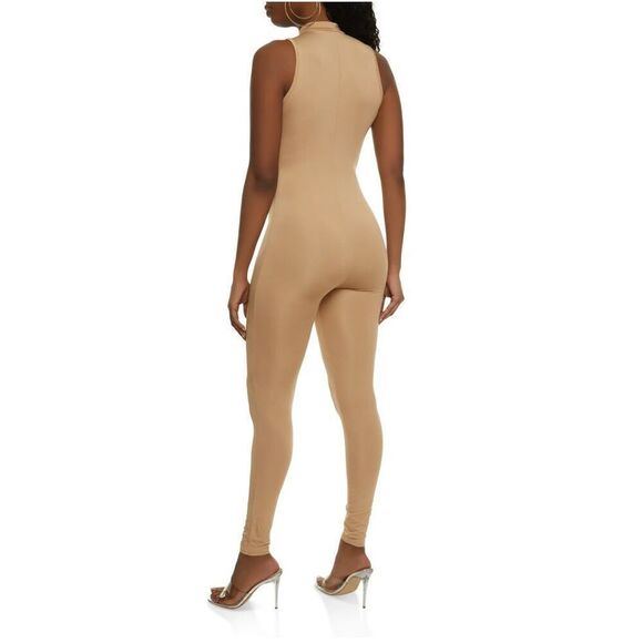 Daisy Solid Mock Neck Zip Front Sleeveless Catsuit in Taupe Small - Picture 3 of 3